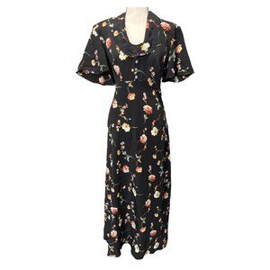 Sz 13 Women Floral Black Dress, Vintage, Made in USA
